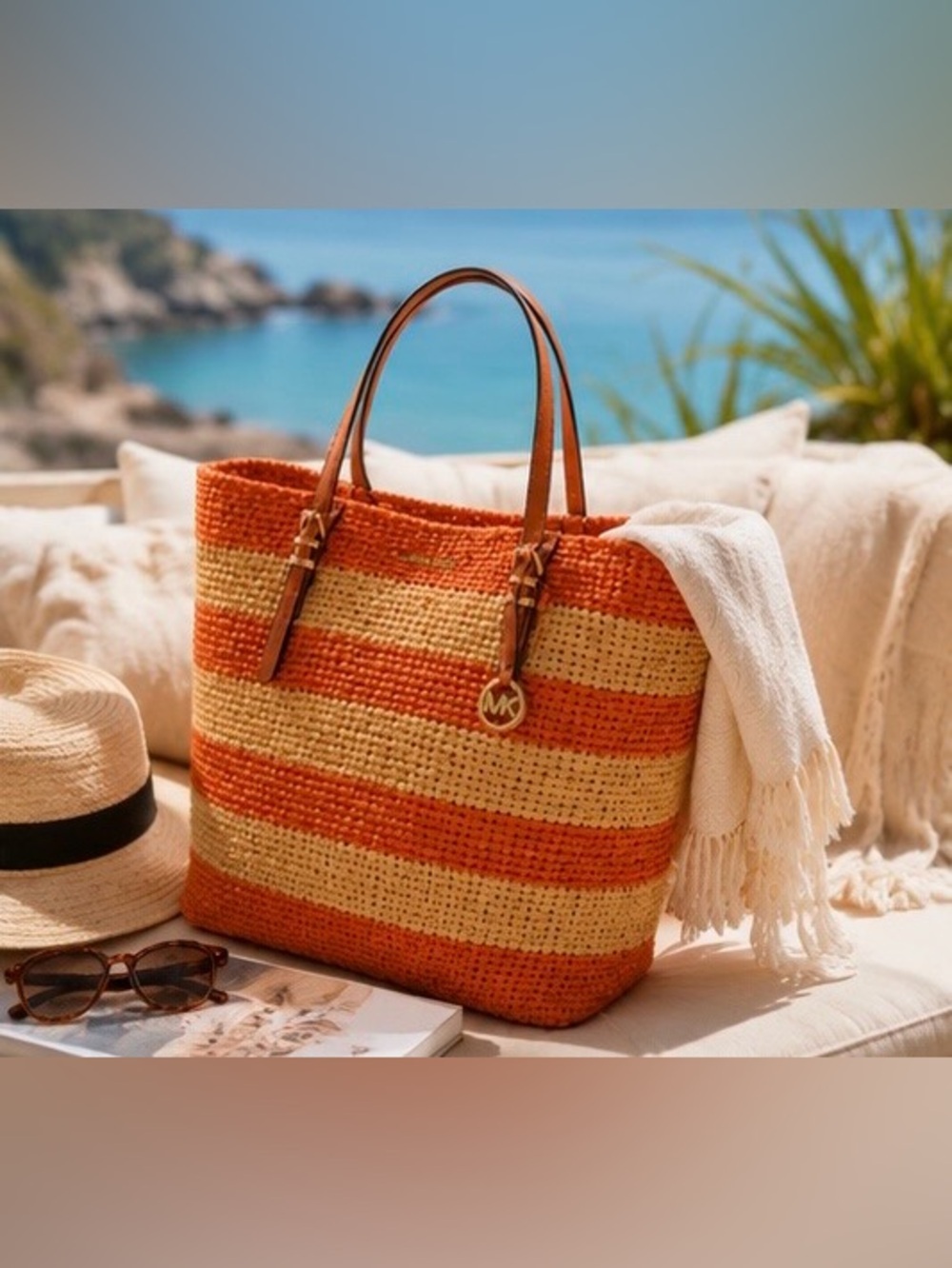 Michael Kors Quinn Straw Tote Orange Stripe Large Beach Travel Bag Bold Coastal